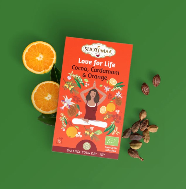 Prieskoninė žolelių arbata LOVE FOR LIVE, kakava, kardamonas, apelsinas, ekologiška, 16 pak.