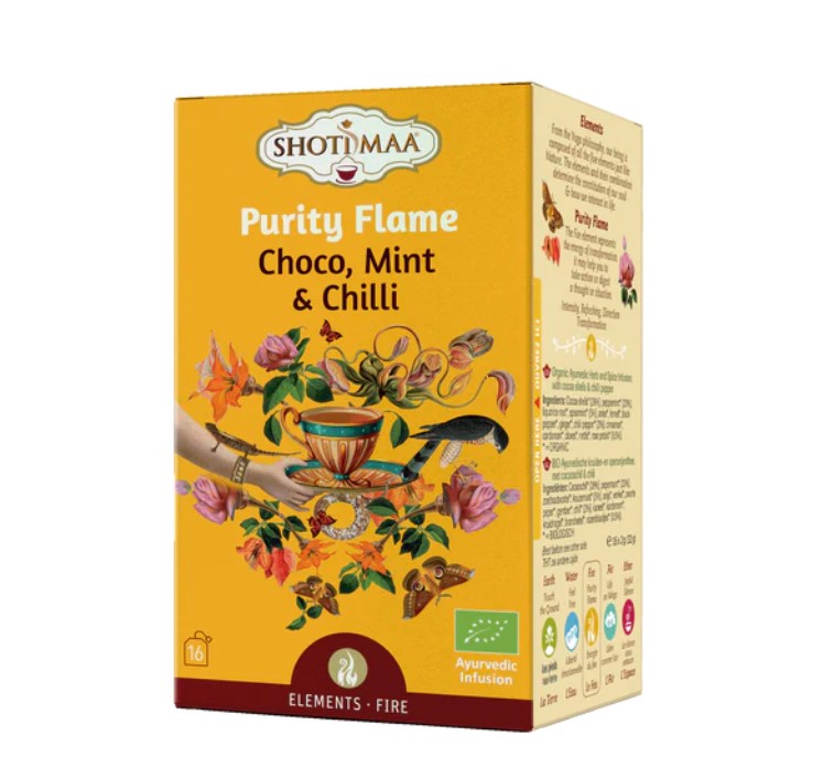 Prieskoninė žolelių arbata PURITY FLAME, kakava, mėta, čili, ekologiška, 16 pak.
